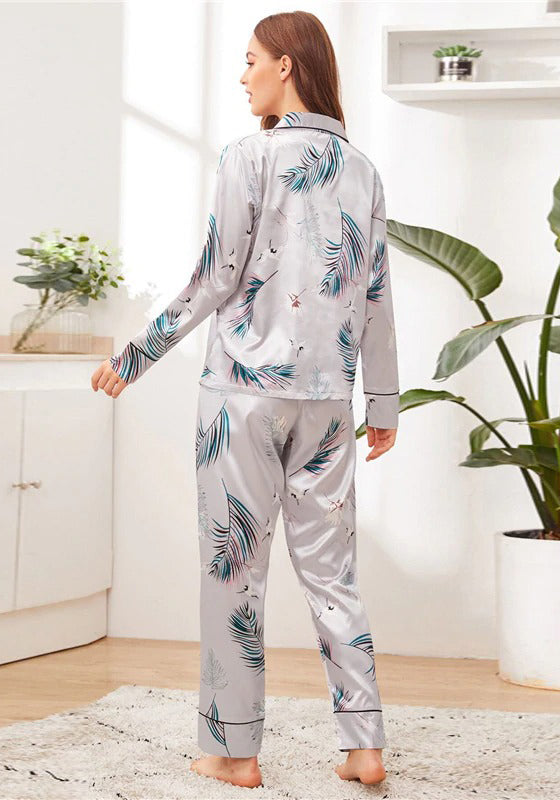 Grey Crane and Palm Print Satin PJ Set