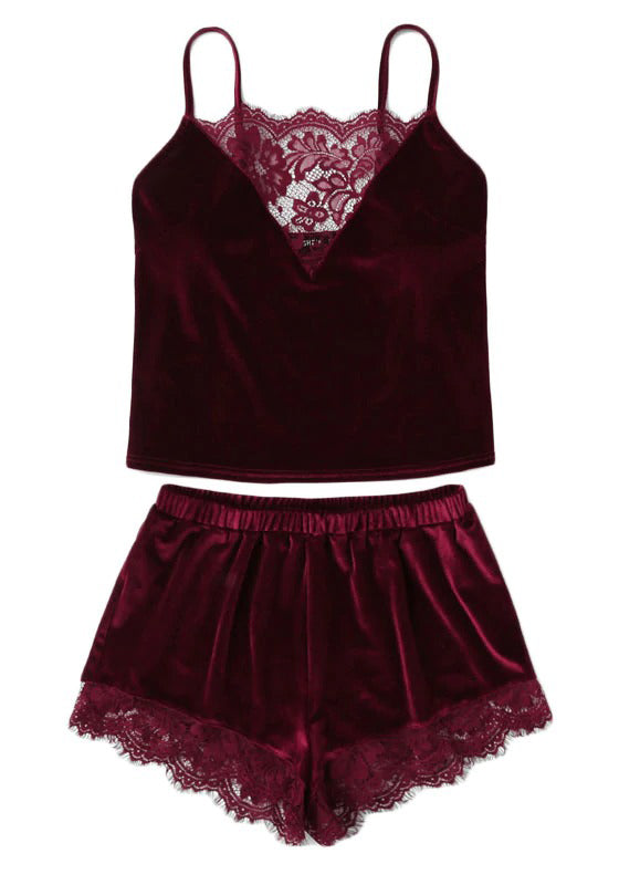 Lace Trim Velvet Cami Shorts Pajamas Set