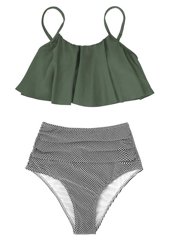 Green and Stripe High Waisted Bikini Set