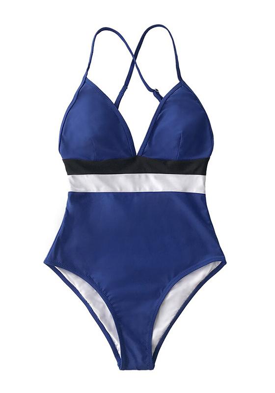 Blue White Black Colorblock V-neck One-Piece