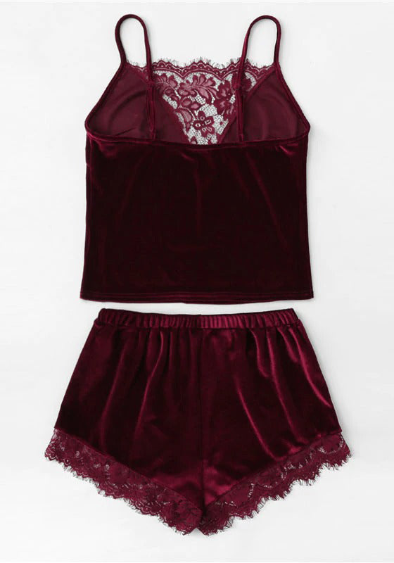 Lace Trim Velvet Cami Shorts Pajamas Set