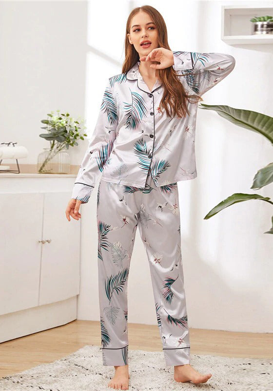 Grey Crane and Palm Print Satin PJ Set