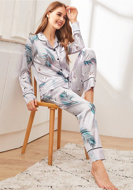 Grey Crane and Palm Print Satin PJ Set