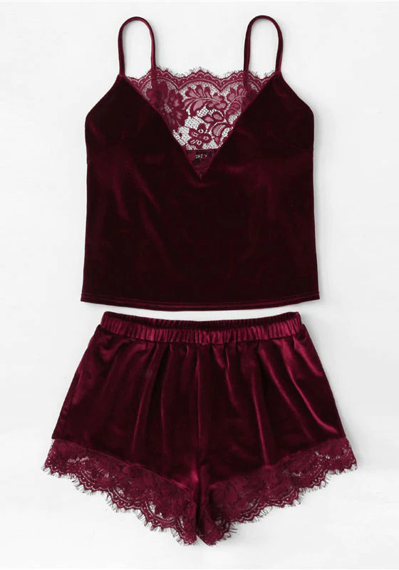 Lace Trim Velvet Cami Shorts Pajamas Set