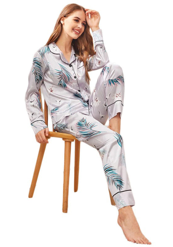 Grey Crane and Palm Print Satin PJ Set