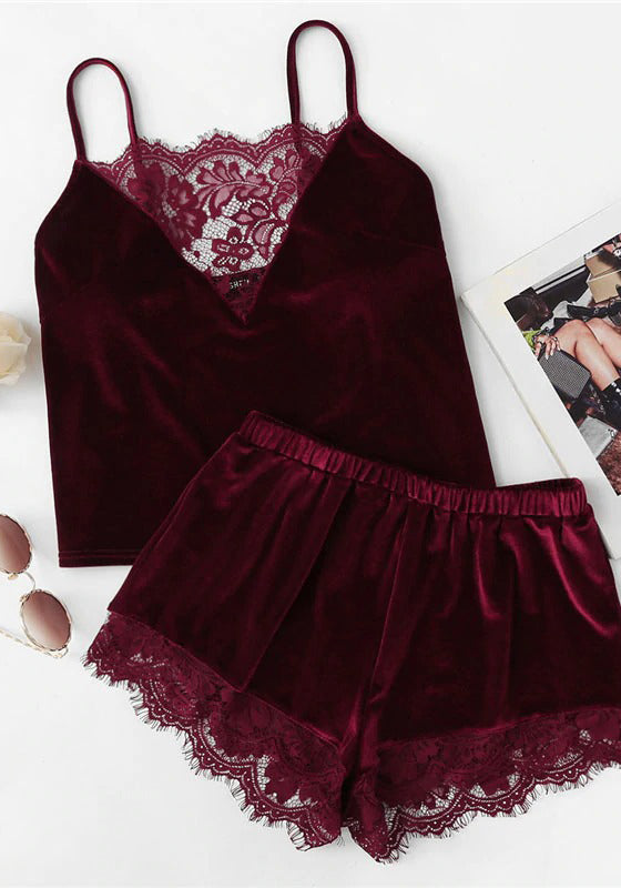 Lace Trim Velvet Cami Shorts Pajamas Set