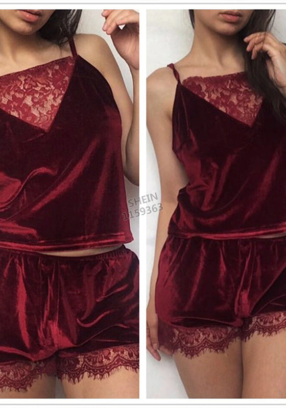 Lace Trim Velvet Cami Shorts Pajamas Set