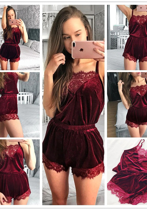 Lace Trim Velvet Cami Shorts Pajamas Set