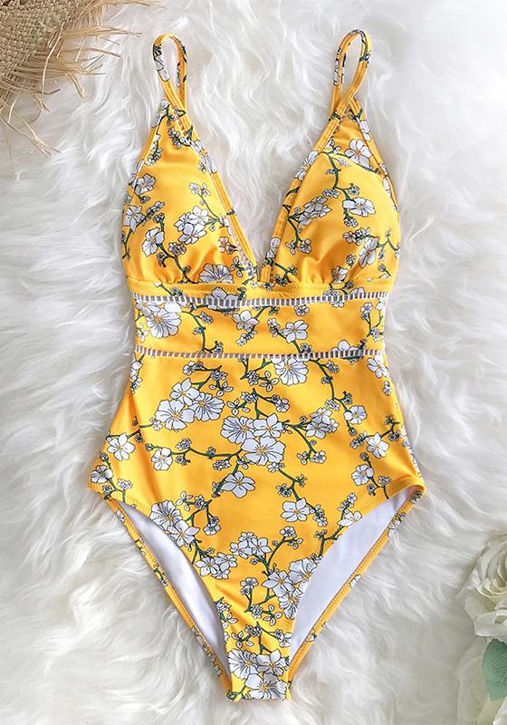 Yellow Pear Blossom Floral Print One-Piece