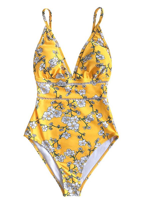 Yellow Pear Blossom Floral Print One-Piece