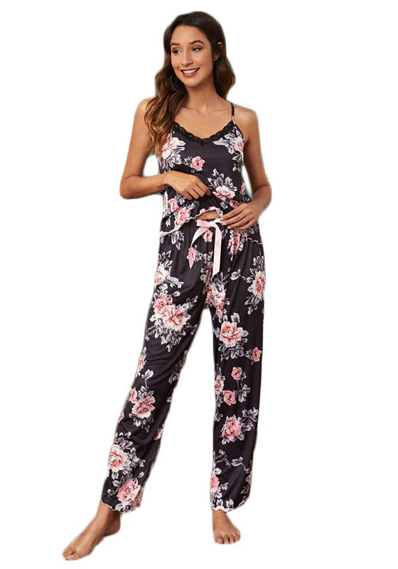 Lace Panel Lettuce Trim Floral Cami PJ Set