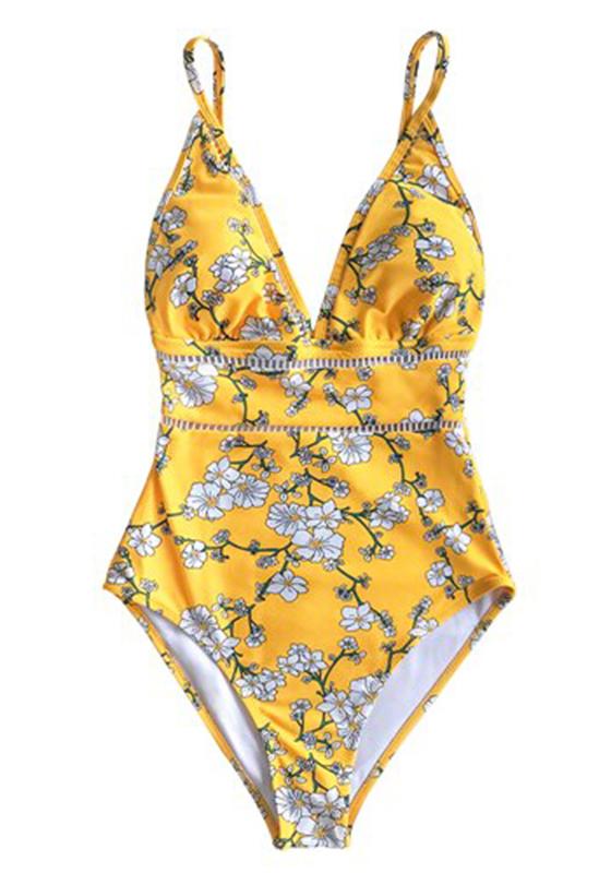 Yellow Pear Blossom Floral Print One-Piece