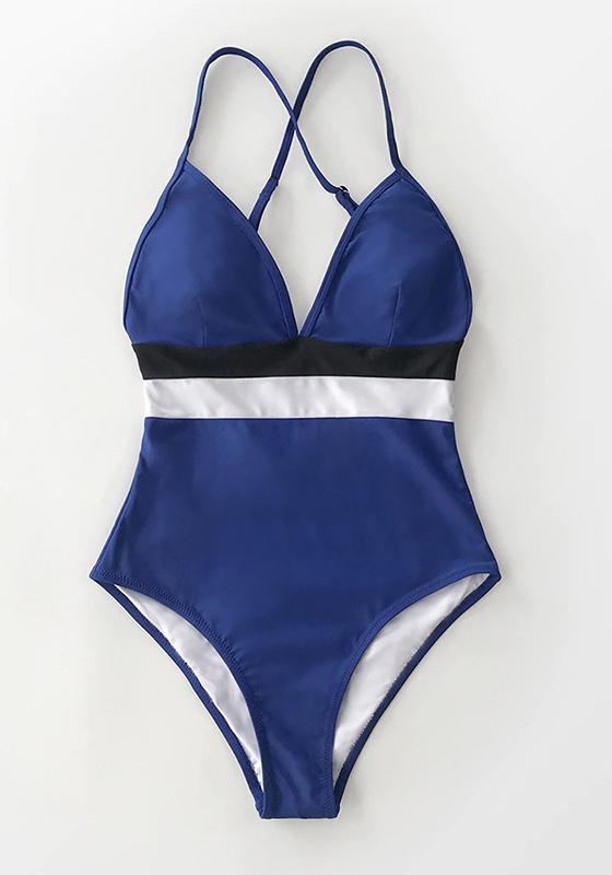 Blue White Black Colorblock V-neck One-Piece