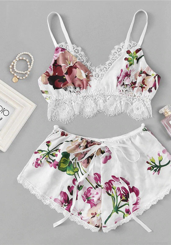 Lace Trim Floral Cami Shorts PJ Set