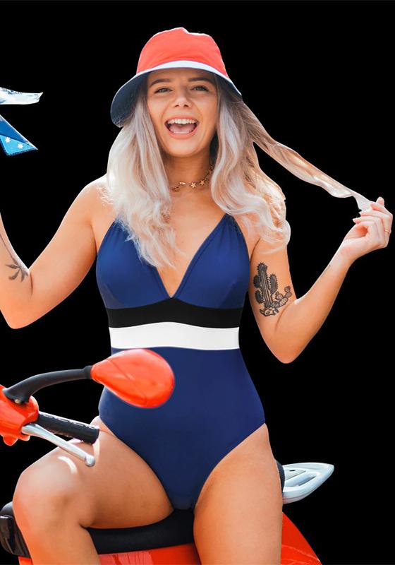 Blue White Black Colorblock V-neck One-Piece