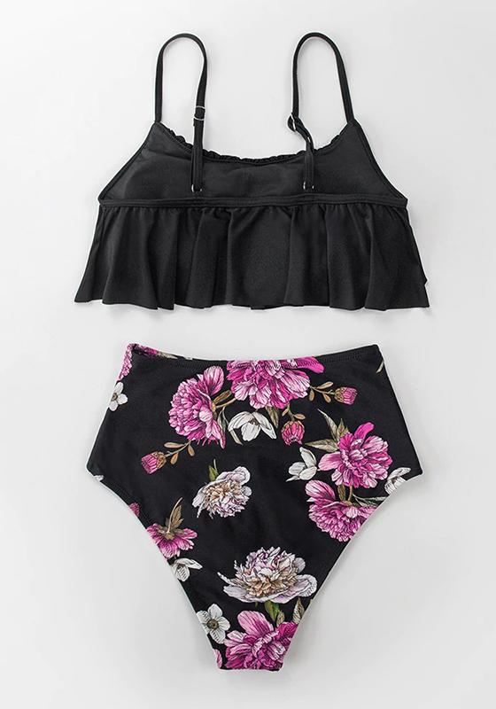 Black Floral Falbala Tank High-waist Bikini Set