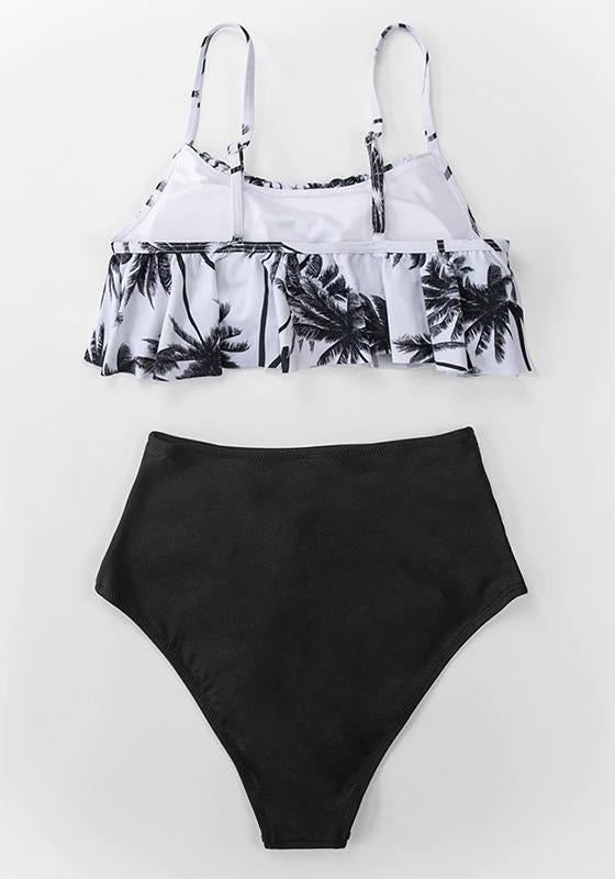 Black Floral Falbala Tank High-waist Bikini Set