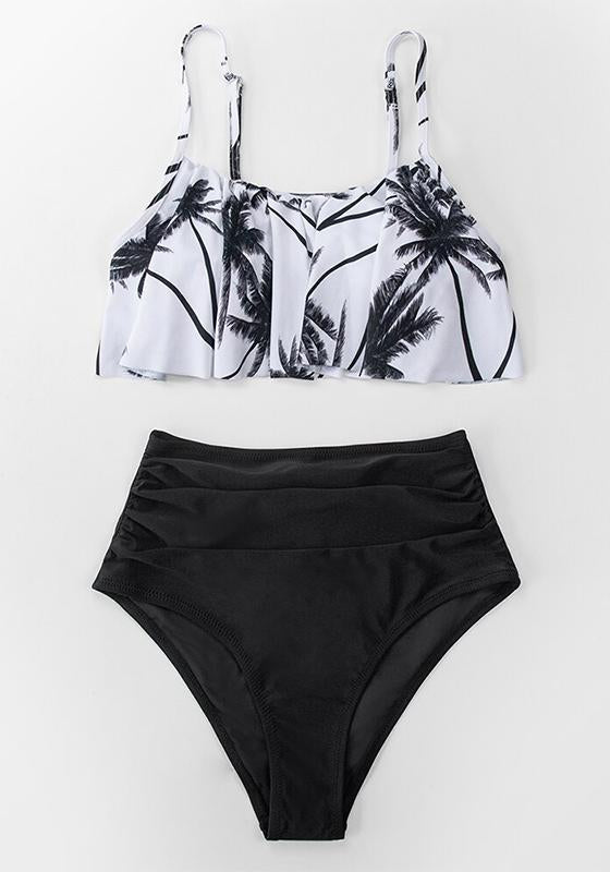 Black Floral Falbala Tank High-waist Bikini Set