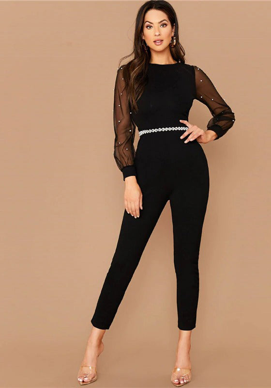 Black Pearls Mesh Sleeve Form Fitted Jumpsuit