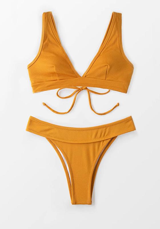 Solid Ginger Lace Up Low Rise Bikini Set