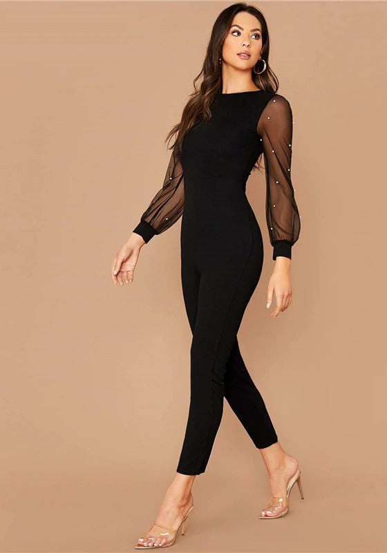 Black Pearls Mesh Sleeve Form Fitted Jumpsuit