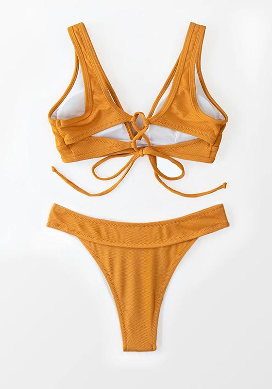 Solid Ginger Lace Up Low Rise Bikini Set