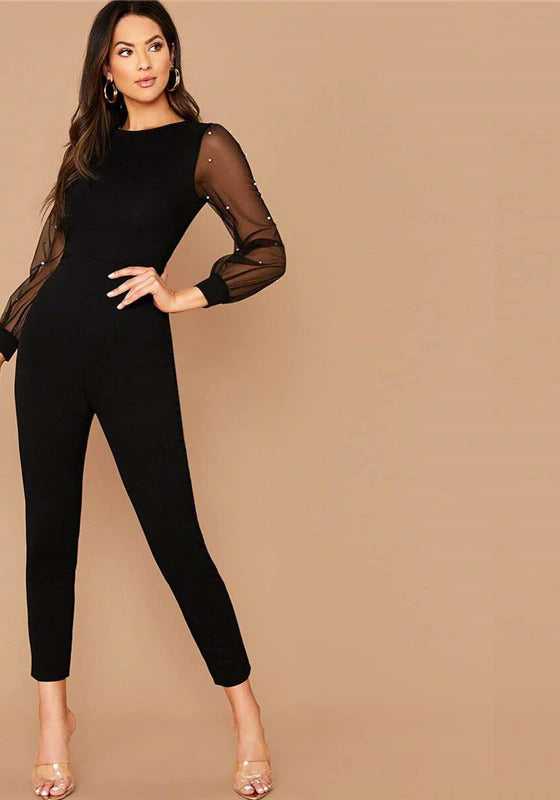 Black Pearls Mesh Sleeve Form Fitted Jumpsuit