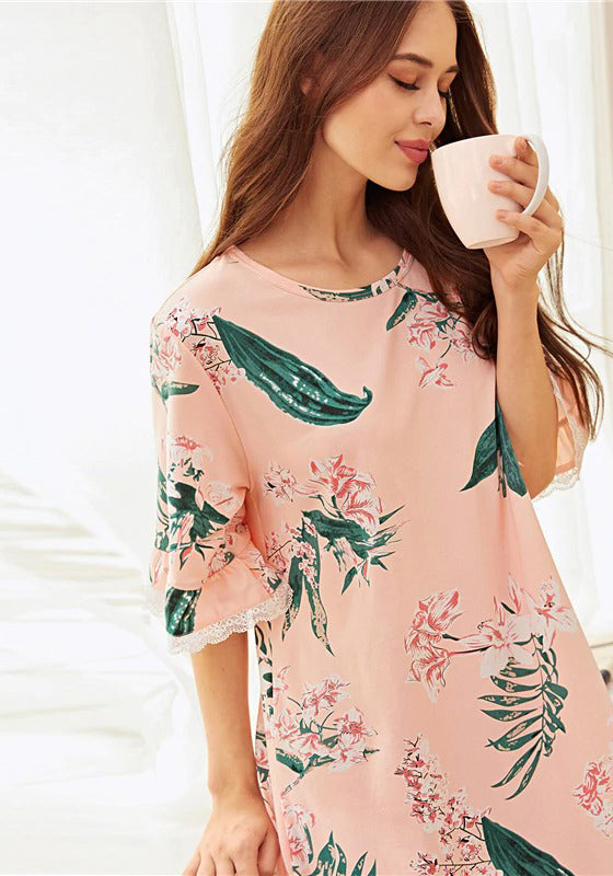 Pink Floral Print Ruffle Hem Night Dress