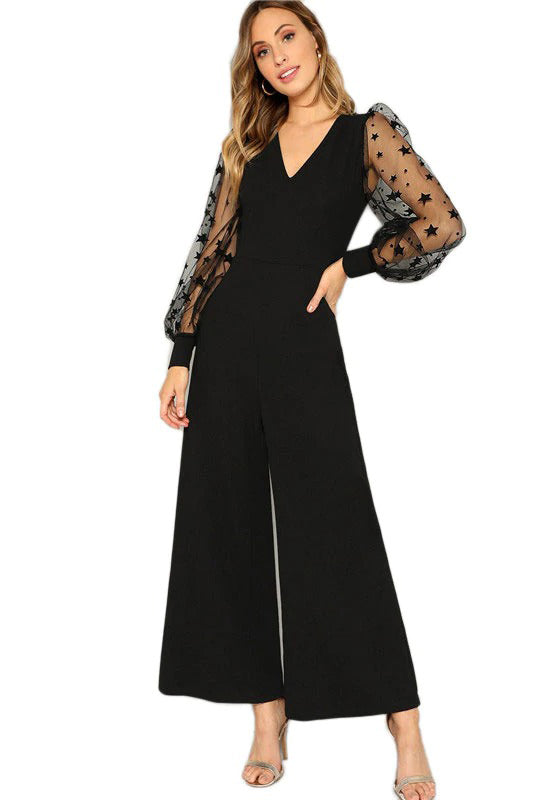 Black Contrast Mesh Galaxy Print Sleeve Jumpsuit