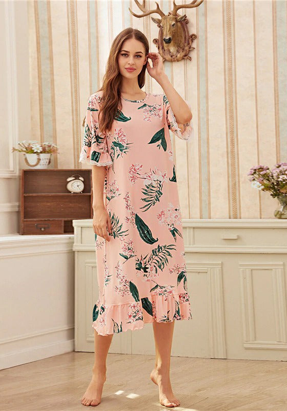 Pink Floral Print Ruffle Hem Night Dress