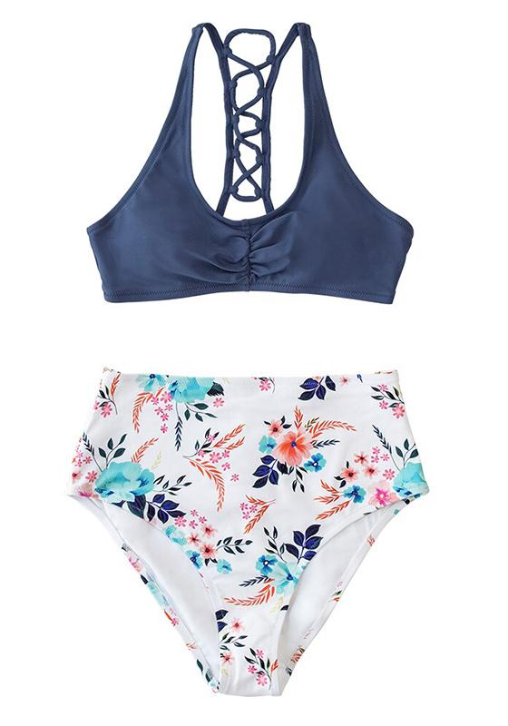 Navy And White Floral High-Waist Bikini Set