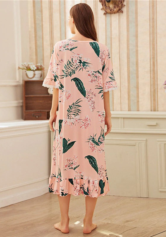 Pink Floral Print Ruffle Hem Night Dress