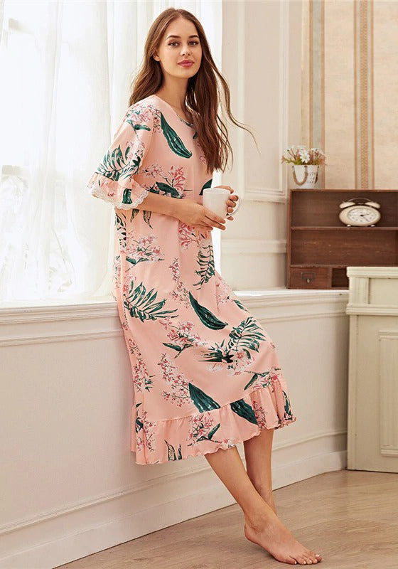 Pink Floral Print Ruffle Hem Night Dress