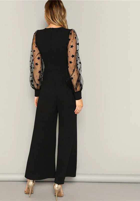 Black Contrast Mesh Galaxy Print Sleeve Jumpsuit