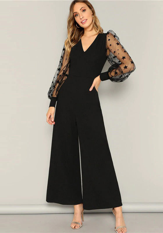 Black Contrast Mesh Galaxy Print Sleeve Jumpsuit