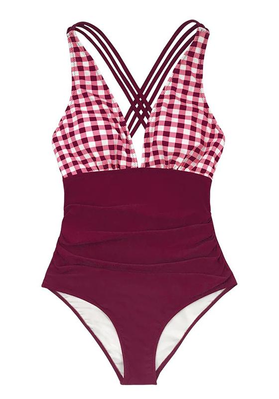 Black And White Gingham Ruched One-Piece