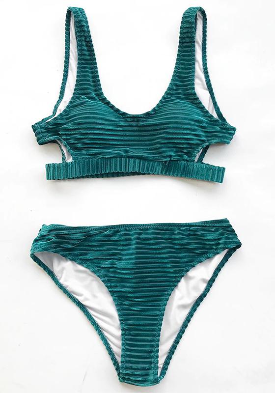 Green Emerald Velvet Solid Bikini Set