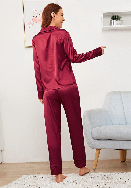 Burgundy Embroidery Satin PJ Set