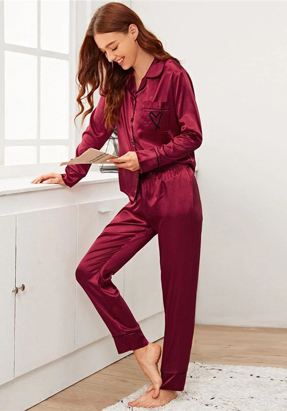 Burgundy Embroidery Satin PJ Set