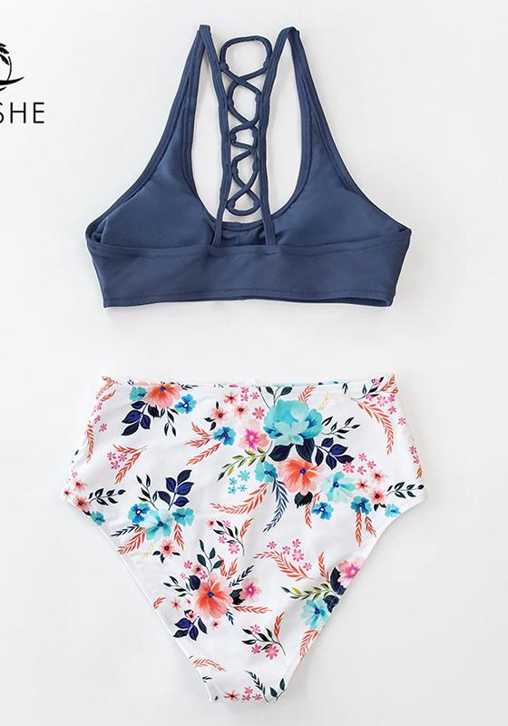 Navy And White Floral High-Waist Bikini Set