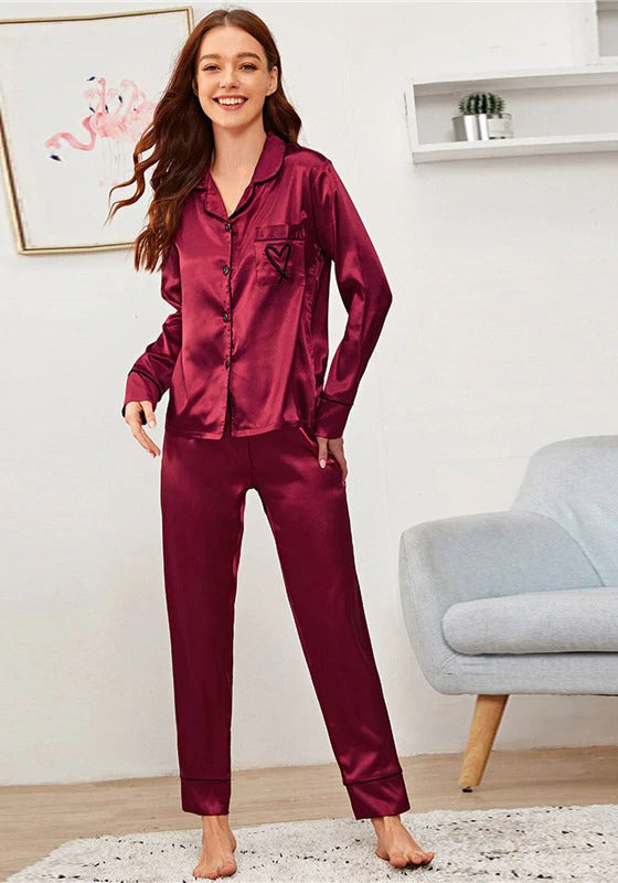 Burgundy Embroidery Satin PJ Set