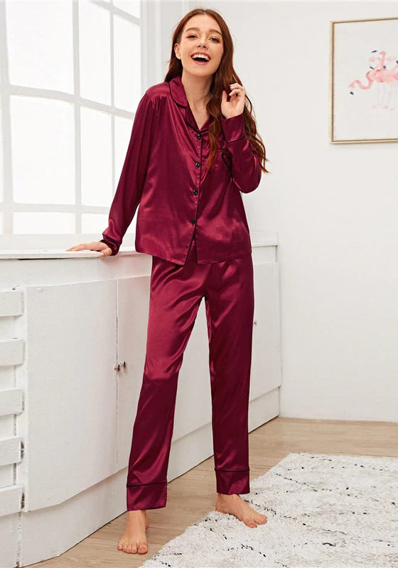 Burgundy Embroidery Satin PJ Set