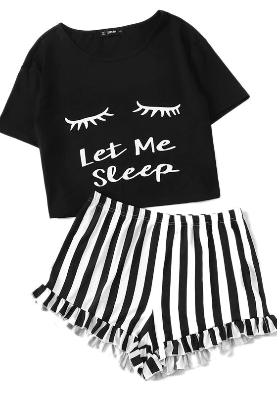 Graphic Tee Frilled Striped Shorts PJ Set