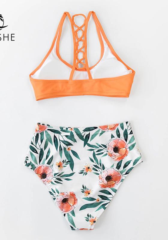 Navy And White Floral High-Waist Bikini Set