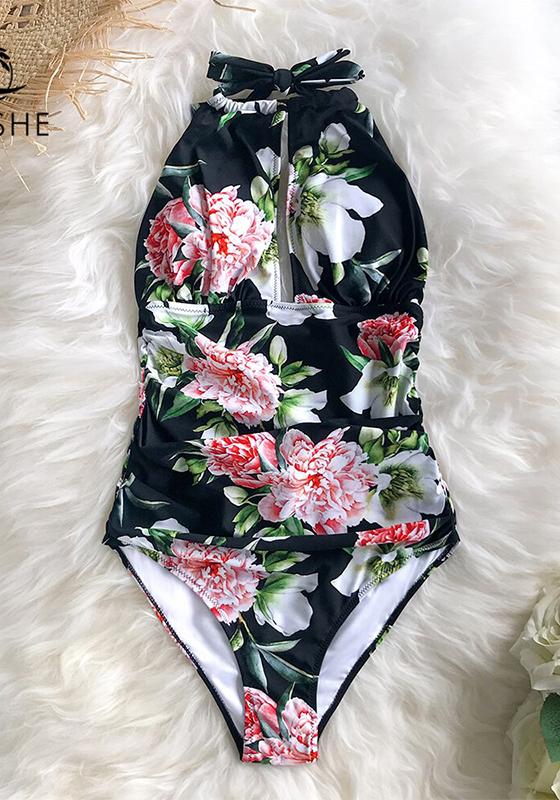 Black Floral Halter One-Piece