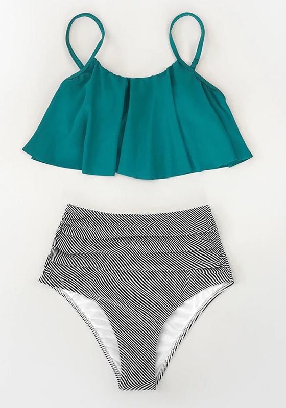 Green and Stripe High Waisted Bikini Set