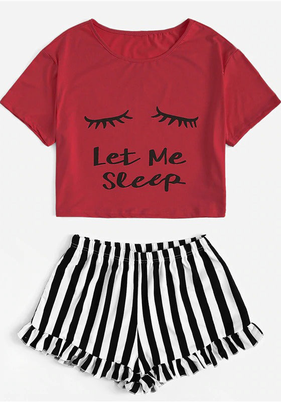 Graphic Tee Frilled Striped Shorts PJ Set