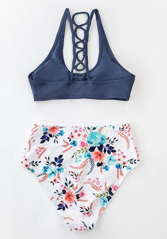 Navy And White Floral High-Waist Bikini Set