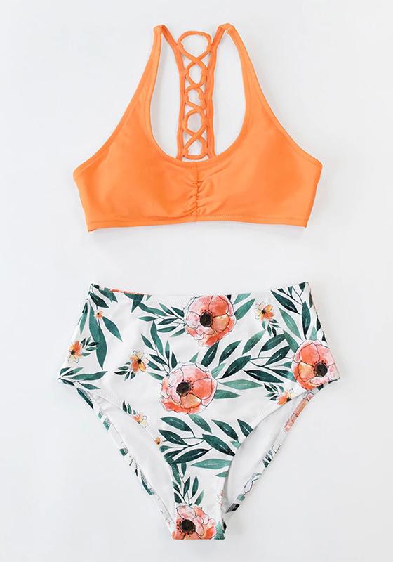 Navy And White Floral High-Waist Bikini Set