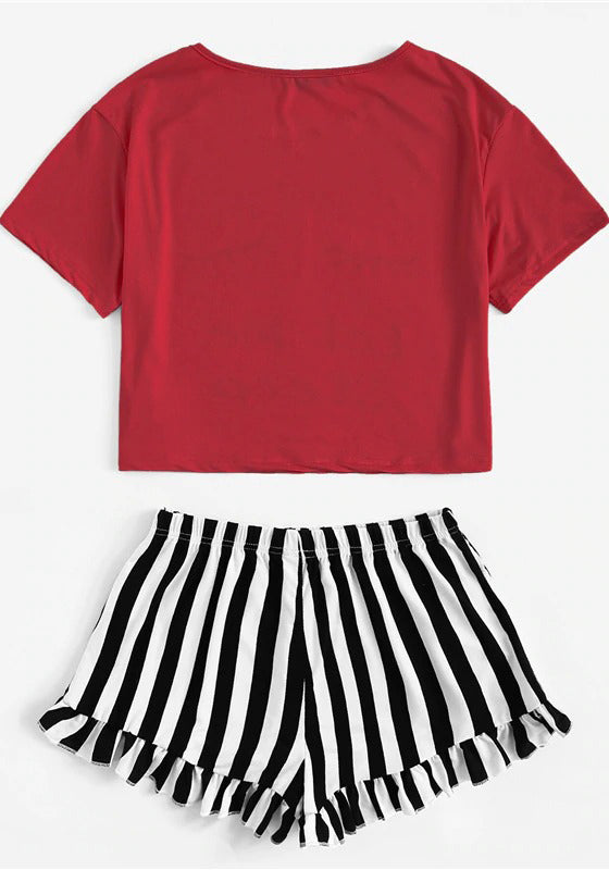 Graphic Tee Frilled Striped Shorts PJ Set